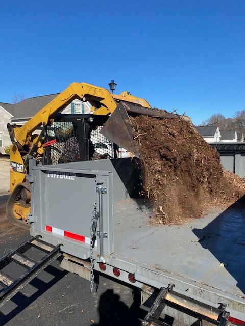Yellow skid steer dumping wood chips into a gray trailer on a sunny day.