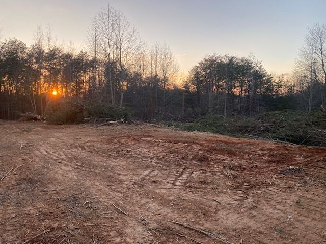 Dirt clearing with sunset behind a line of trees.