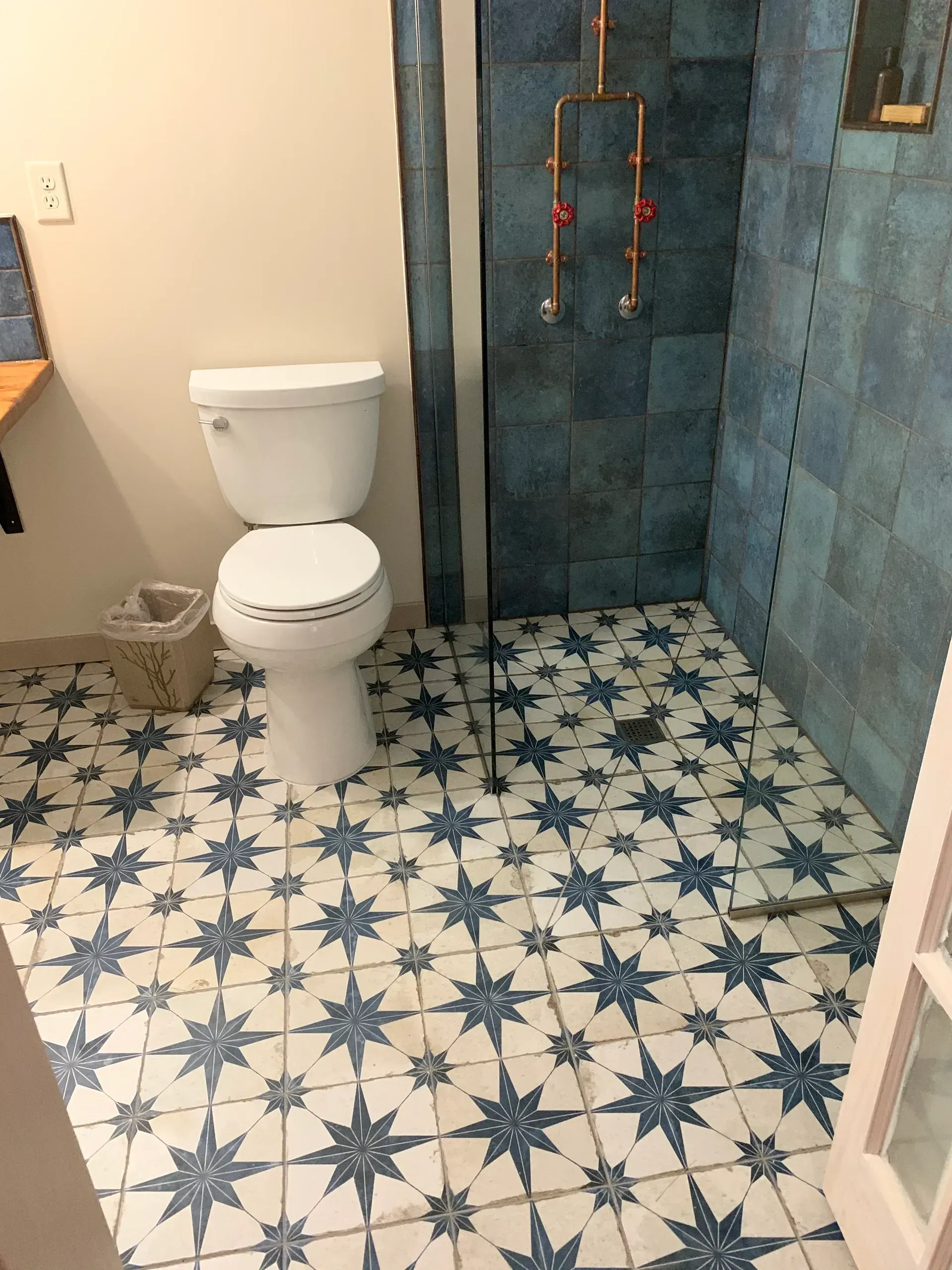 A bathroom with a toilet and a walk in shower
