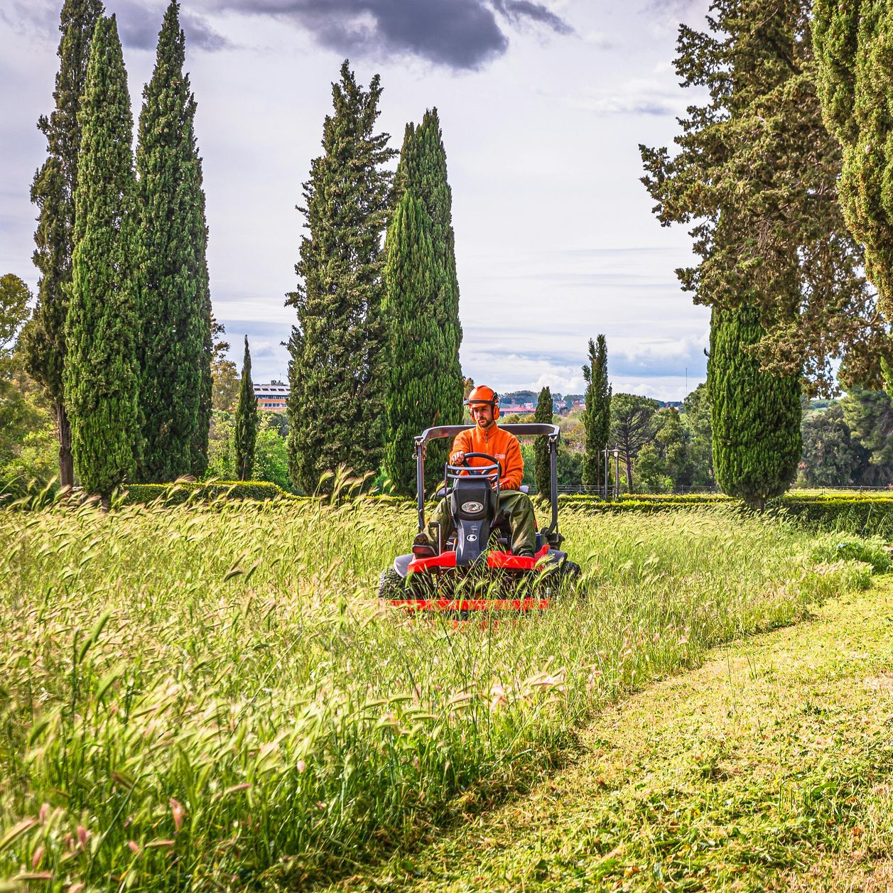 A person in bright orange clothing drives a red riding mower through a tall, green field, surrounded by tall cypress trees.