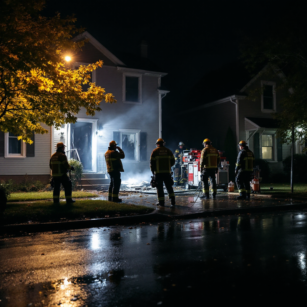 Firefighters at a house fire at night. Smoke billows from the doorway. Wet street reflects lights.