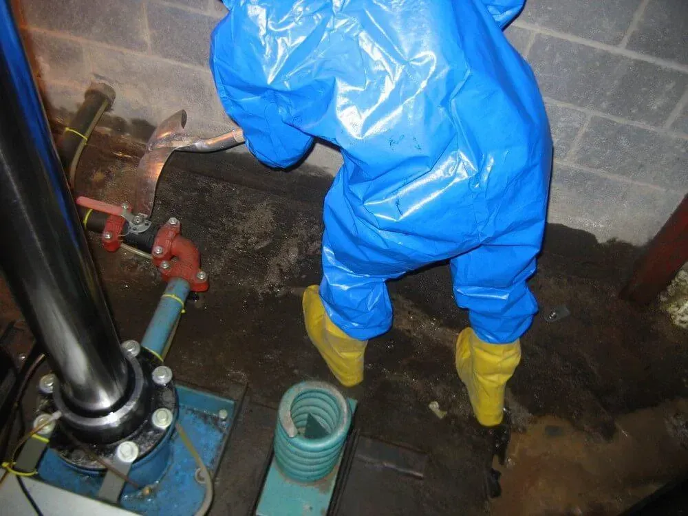 Person in blue protective suit and yellow boots, inspecting plumbing in basement.