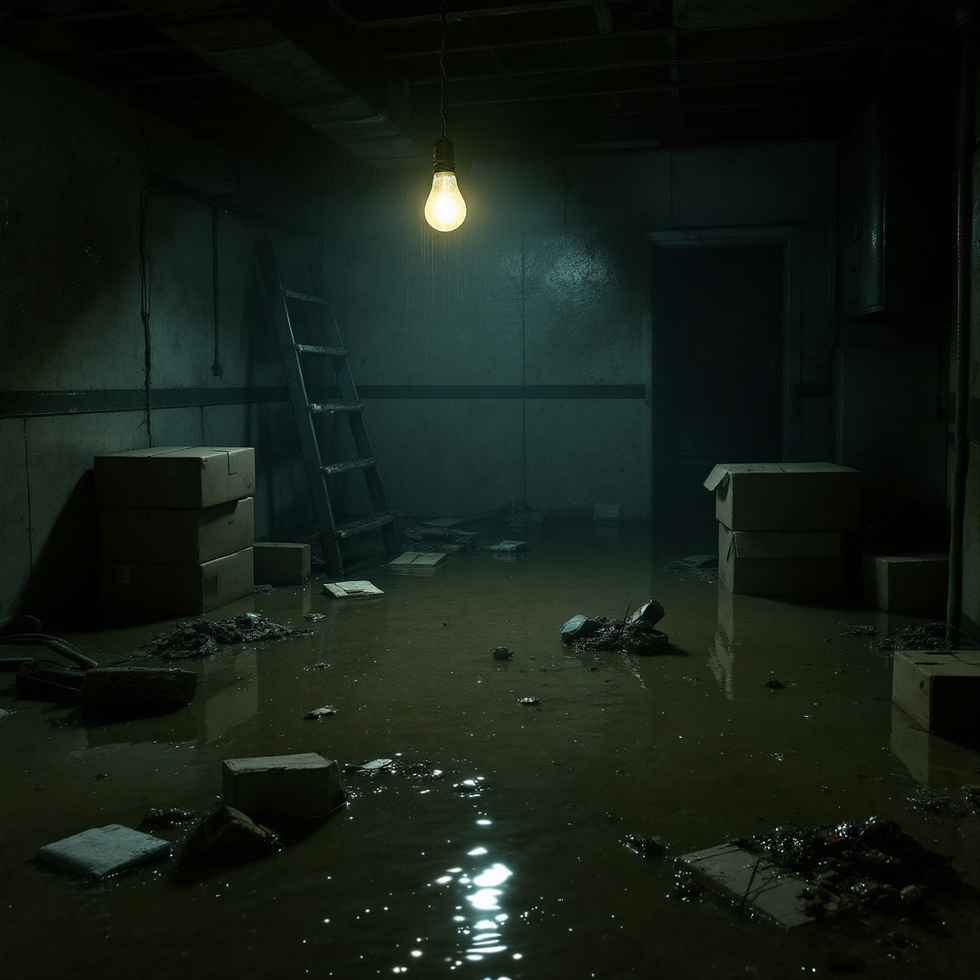Flooded, dark basement with boxes, ladder, and a single hanging lightbulb.