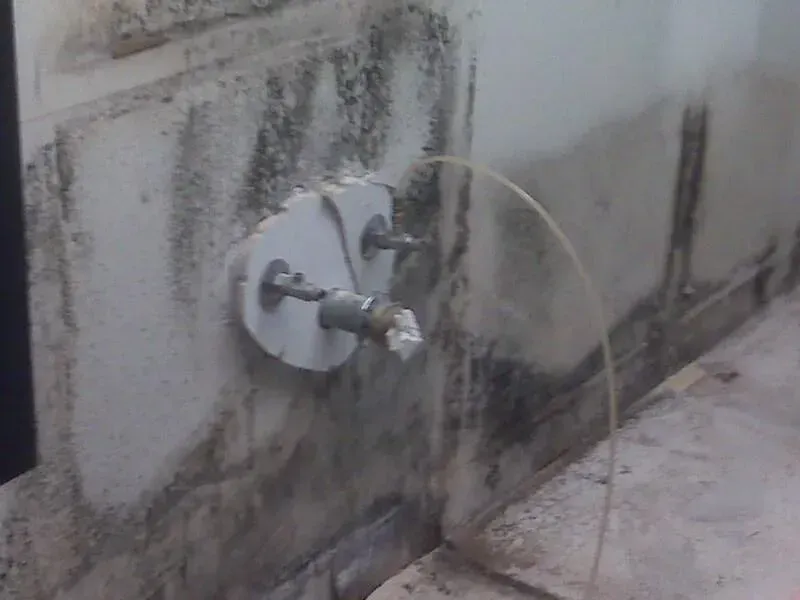 Mold-covered wall with exposed pipes and a small stream of water.
