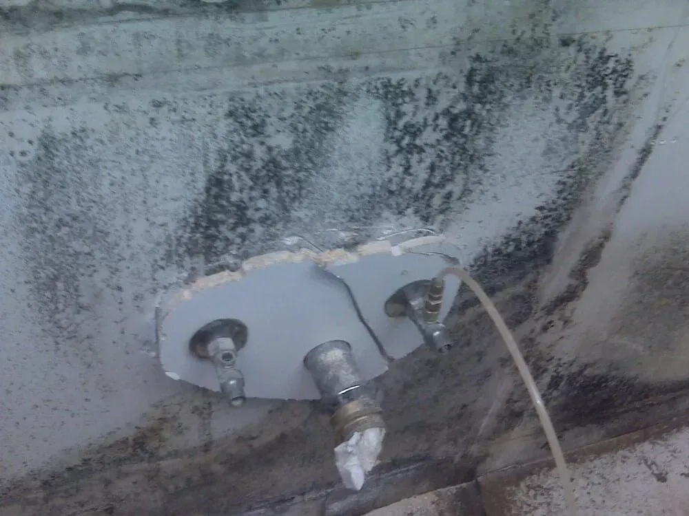 Gray metal plate with two fittings on a moldy surface, a clear tube extending from one fitting.
