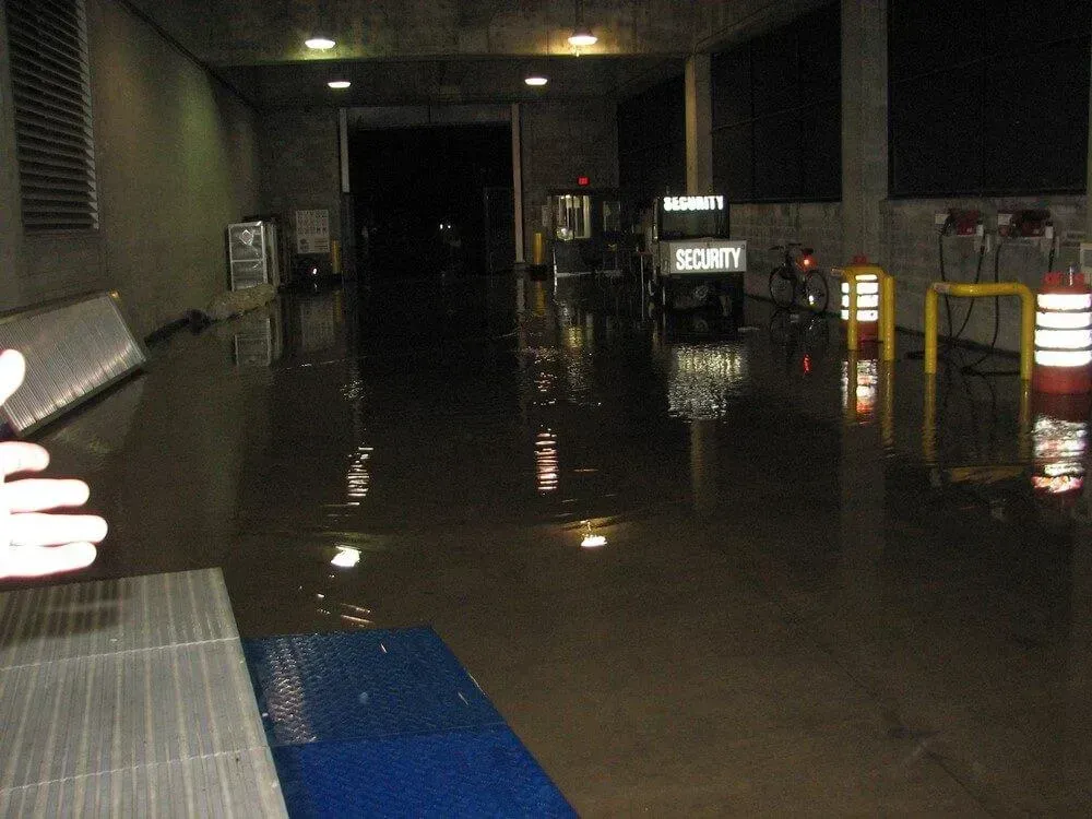 Flooded interior with reflective water. 