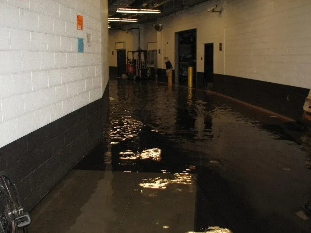 Flooded hallway with black water covering the floor, white brick walls, and open doorways.