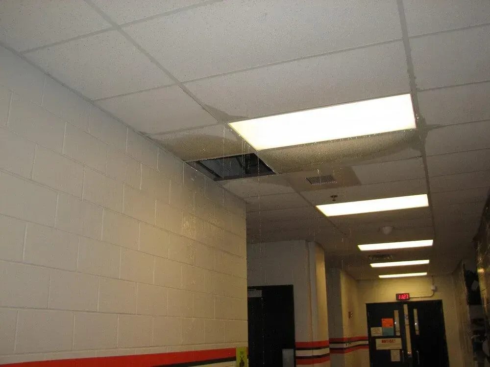 Hallway ceiling with damaged tile, showing water stains and a hole, with fluorescent lights.