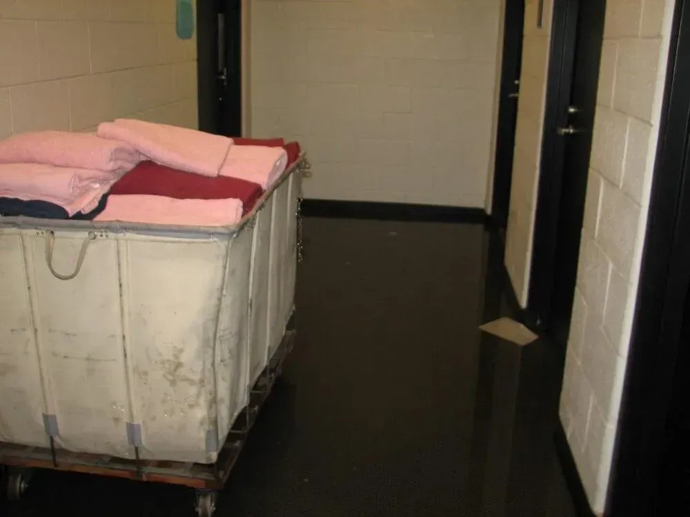 Laundry cart with folded towels in a hallway with dark flooring and two doorways.