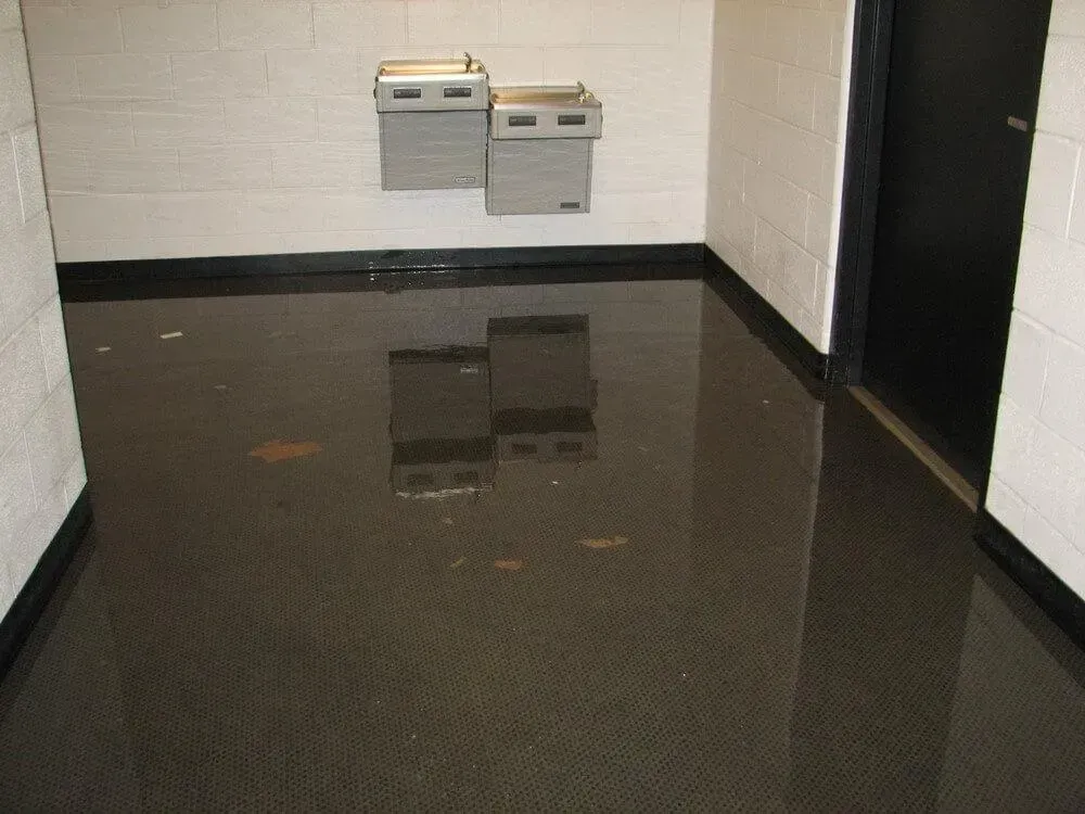 Hallway with wet, shiny, dark floor reflecting water fountains and black door.