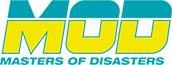 Logo for MOD: Masters of Disasters. Yellow letters with blue outline and background.
