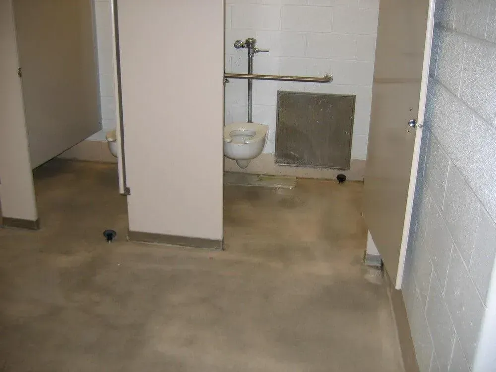 Public restroom with multiple stalls, one with a handicap accessible toilet.