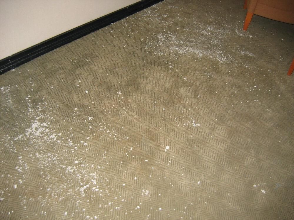 White powder scattered on a beige carpet, near a wall and furniture legs.