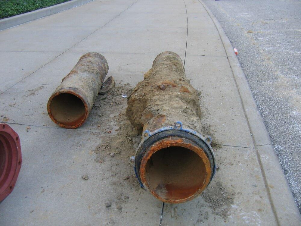 Two weathered pipes on a concrete surface, one detached with dirt and rust.