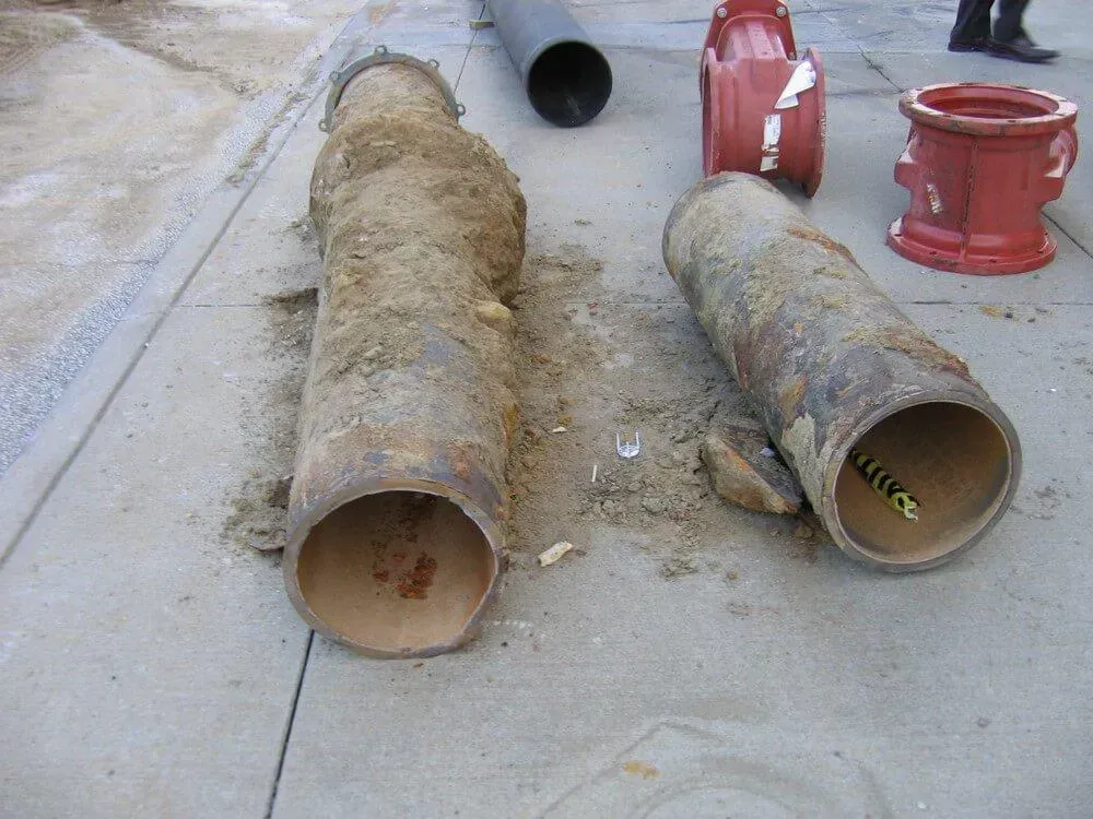 Two sections of rusted pipe with dirt, next to a sidewalk and other pipes.