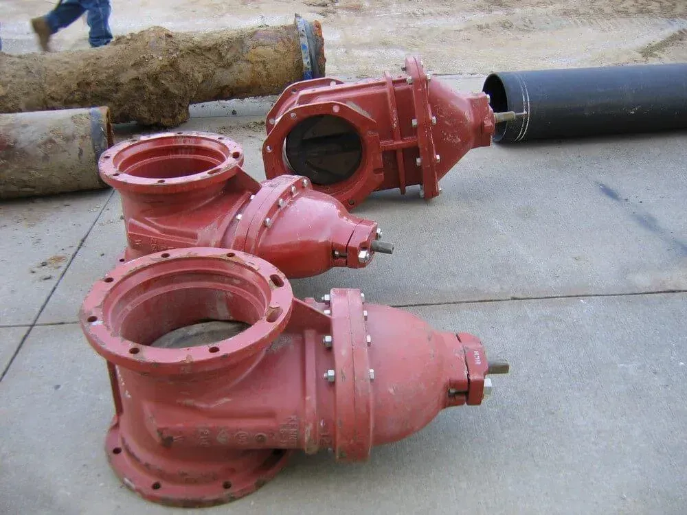 Three red water pump housings on a construction site next to pipes.
