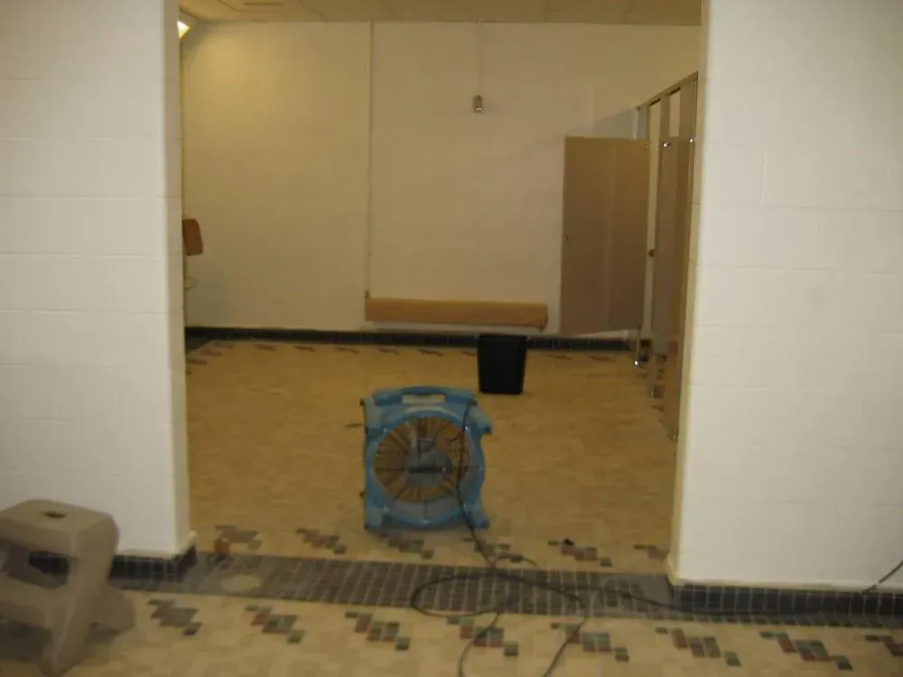 Blue fan in a room with water-damaged flooring and a toilet stall. Empty room with white walls.
