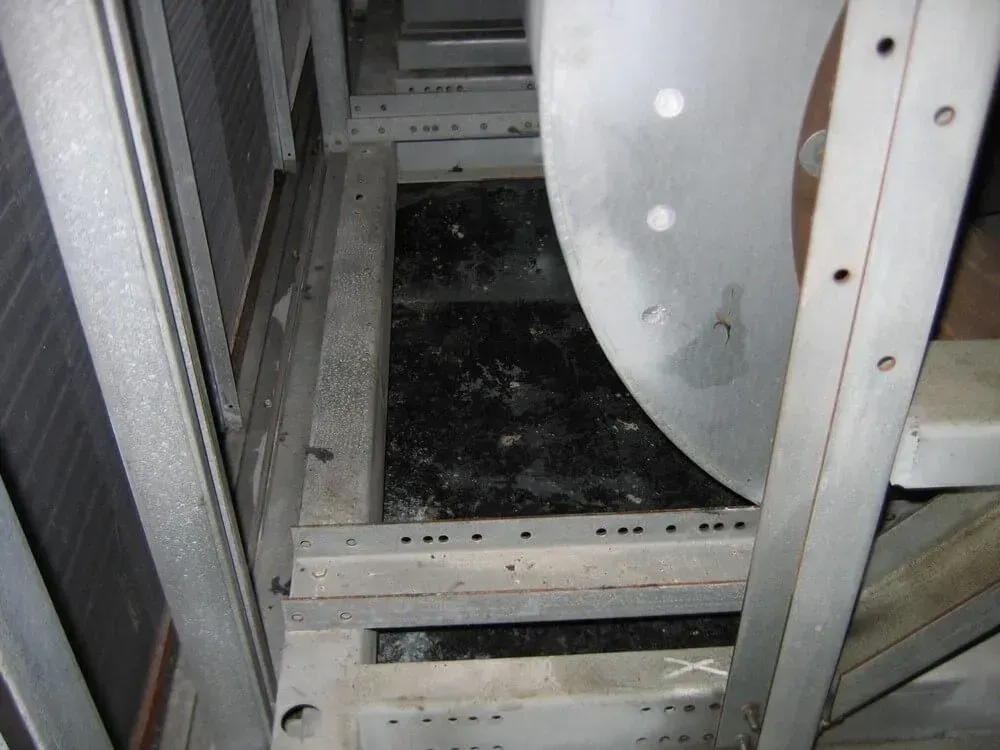 Metal structure with a dark, possibly wet, floor visible from an upward angle.