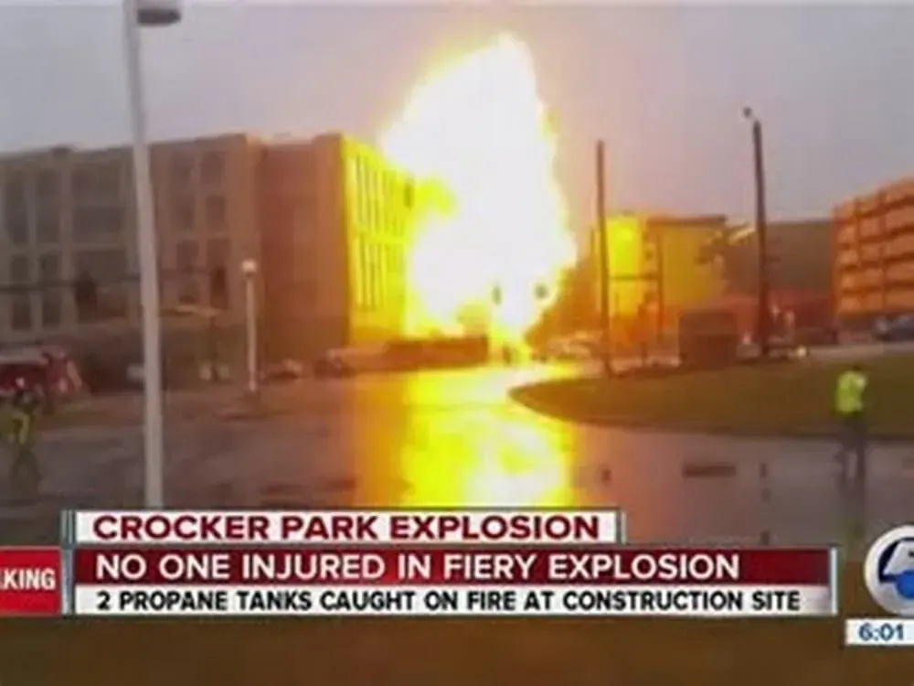 Fiery explosion at Crocker Park construction site; two propane tanks on fire. No injuries.