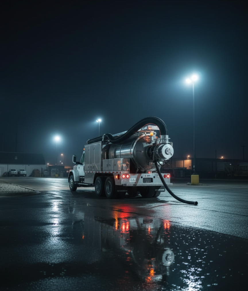 White vacuum truck parked on wet asphalt at night. Reflective lights and hose extend towards the ground.