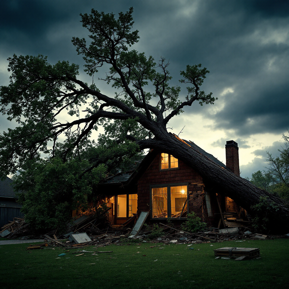A tree fallen on a house, under a stormy sky. The house lights are on, debris surrounds it.