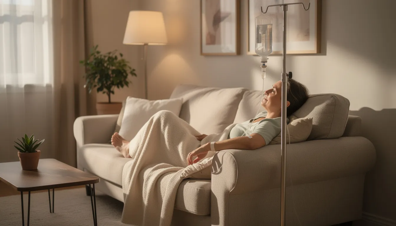 The image shows a person comfortably relaxing on a couch in a cozy living room, with a mobile IV drip stand nearby, suggesting they are receiving IV therapy for hydration or wellness support. This scene highlights the convenience of mobile IV therapy sessions, allowing individuals to receive essential nutrients and hydration in the comfort of their own home.