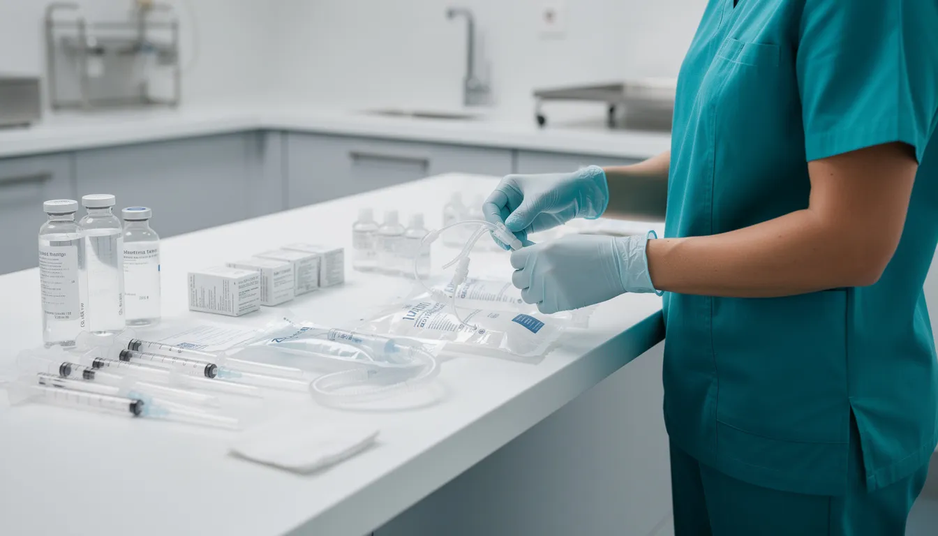 A healthcare professional in scrubs is meticulously preparing sterile IV supplies on a clean surface, showcasing the essential medical grade equipment used for mobile IV therapy sessions. This scene emphasizes the importance of proper hydration and delivering nutrients directly to support overall health and wellness goals.