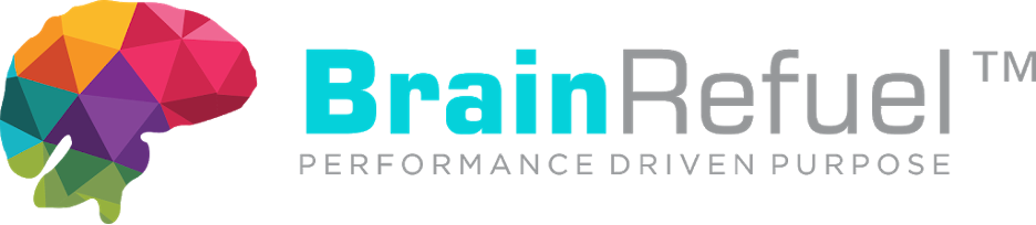 The logo for brain refuel is a performance driven purpose