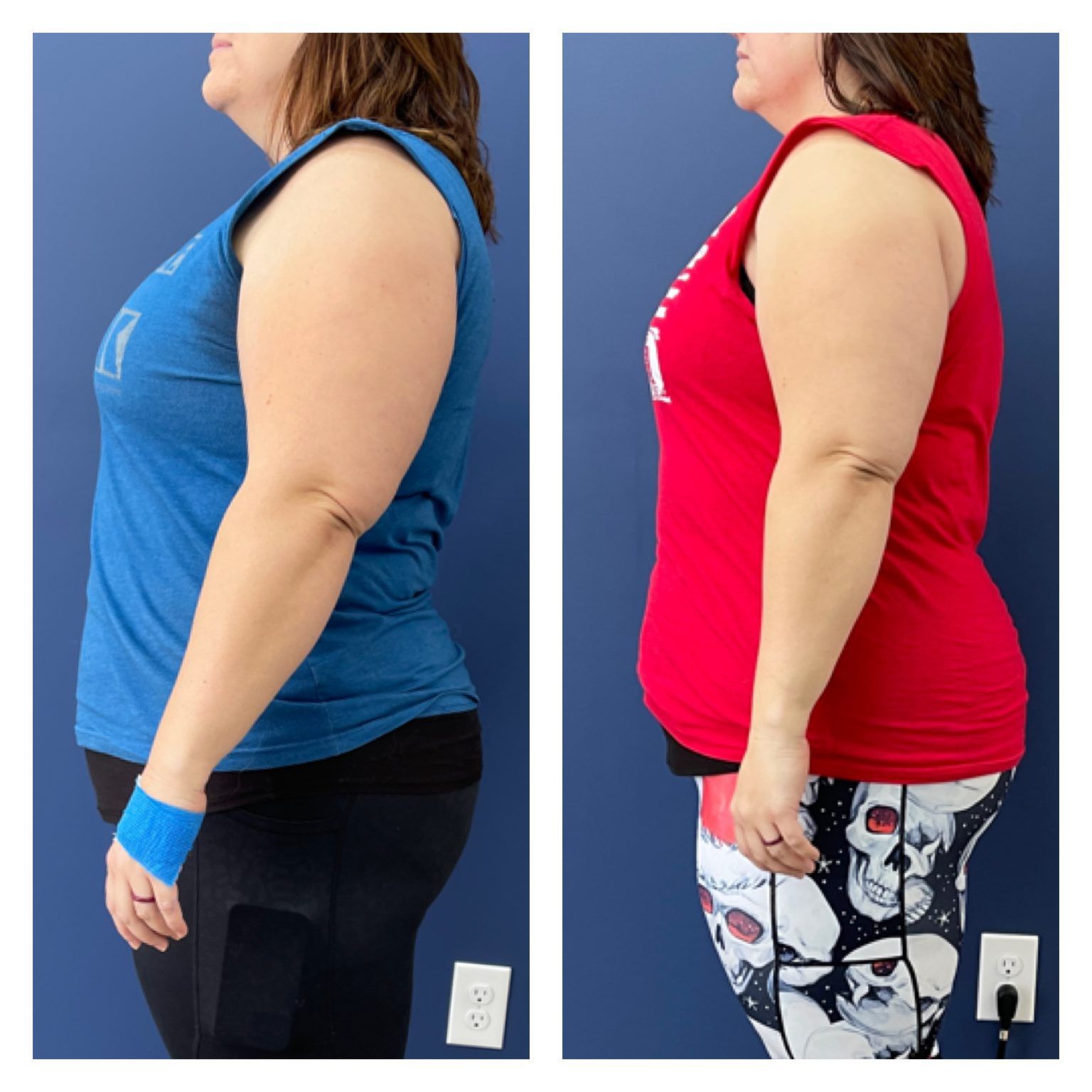 A woman in a blue tank top and a woman in a red tank top