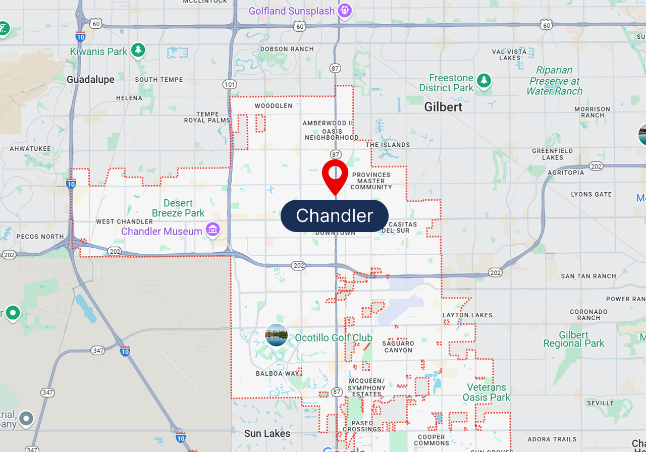A map showing the location of a city called chandler.