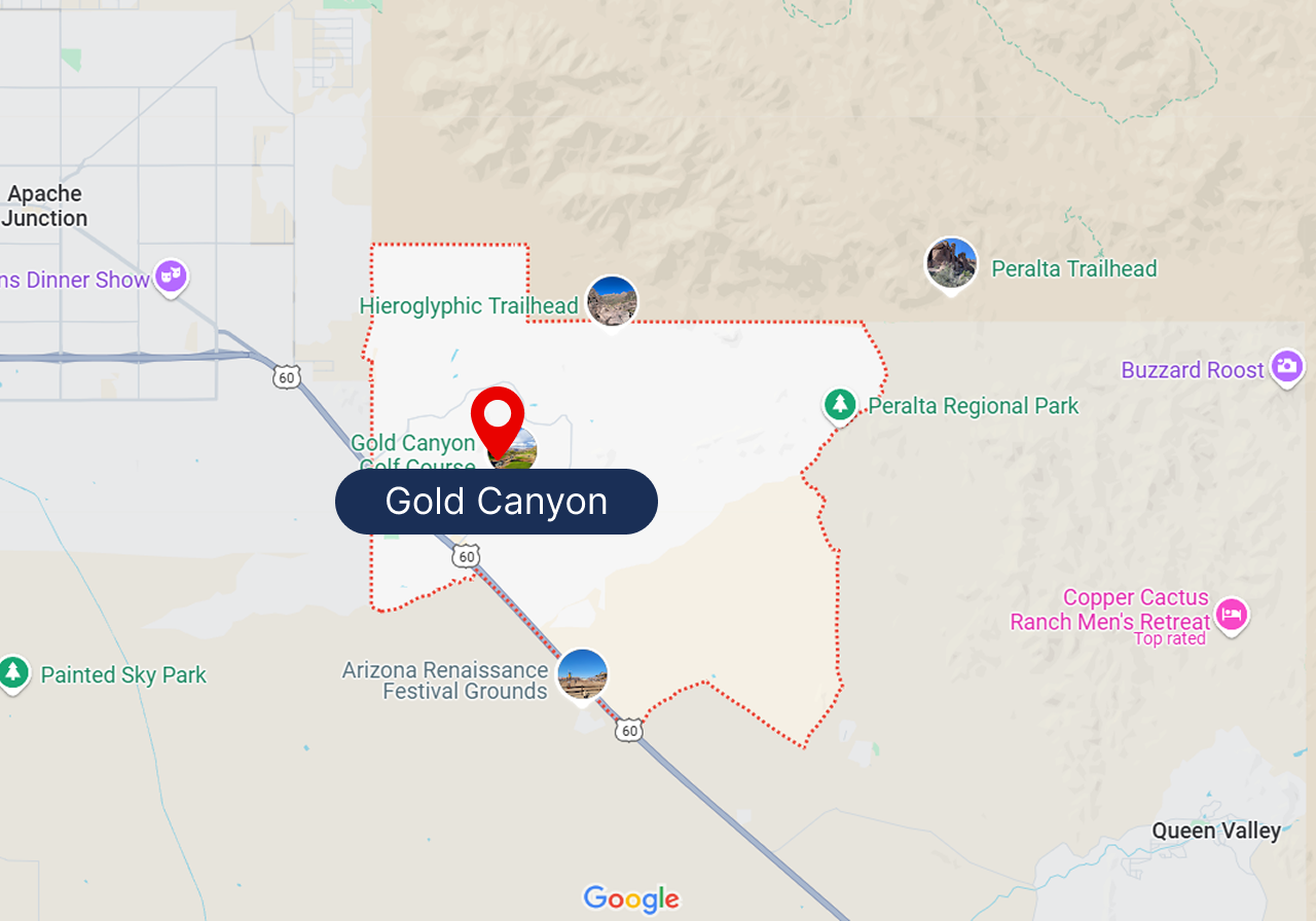 A map showing the location of gold canyon on google maps.