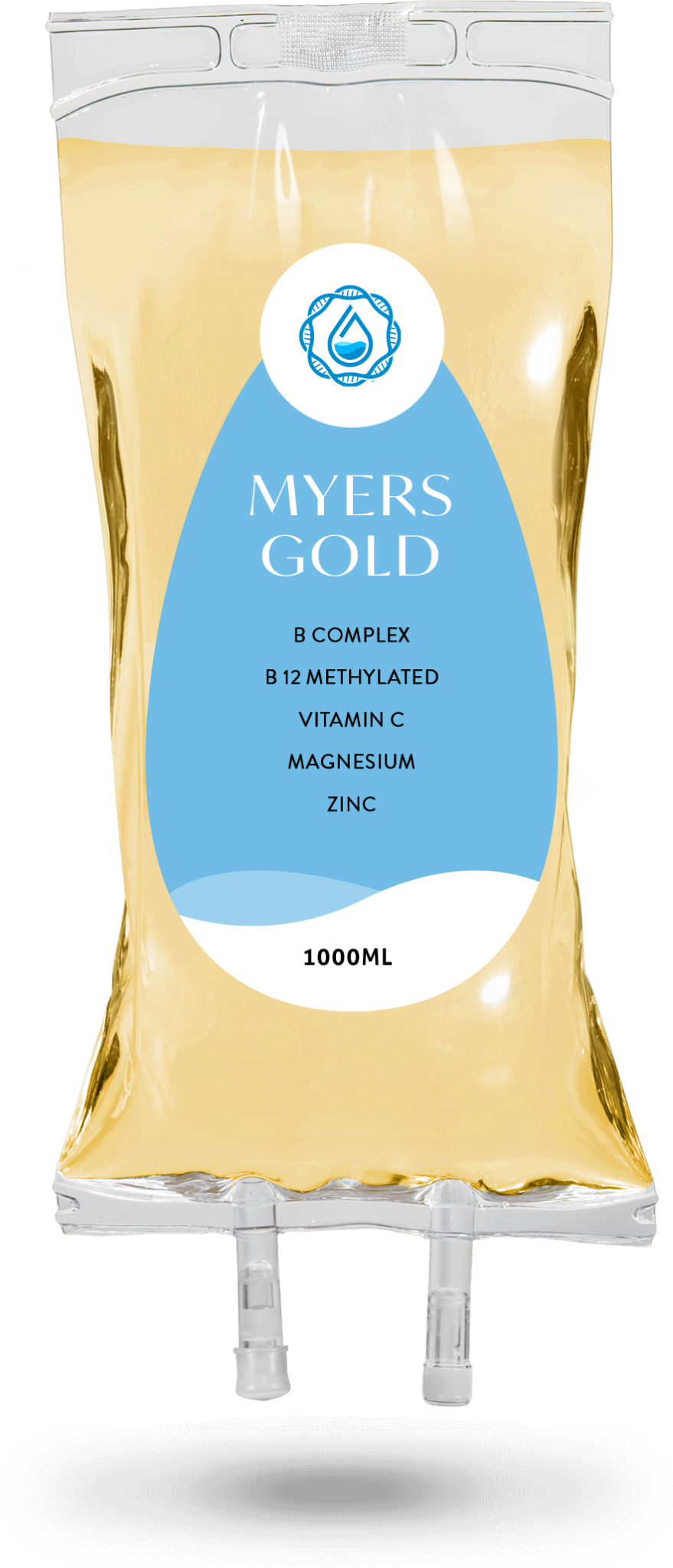 A yellow IV bag with a blue label that says myers gold