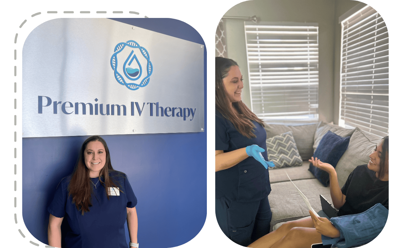 A woman is standing in front of a sign that says premium iv therapy.