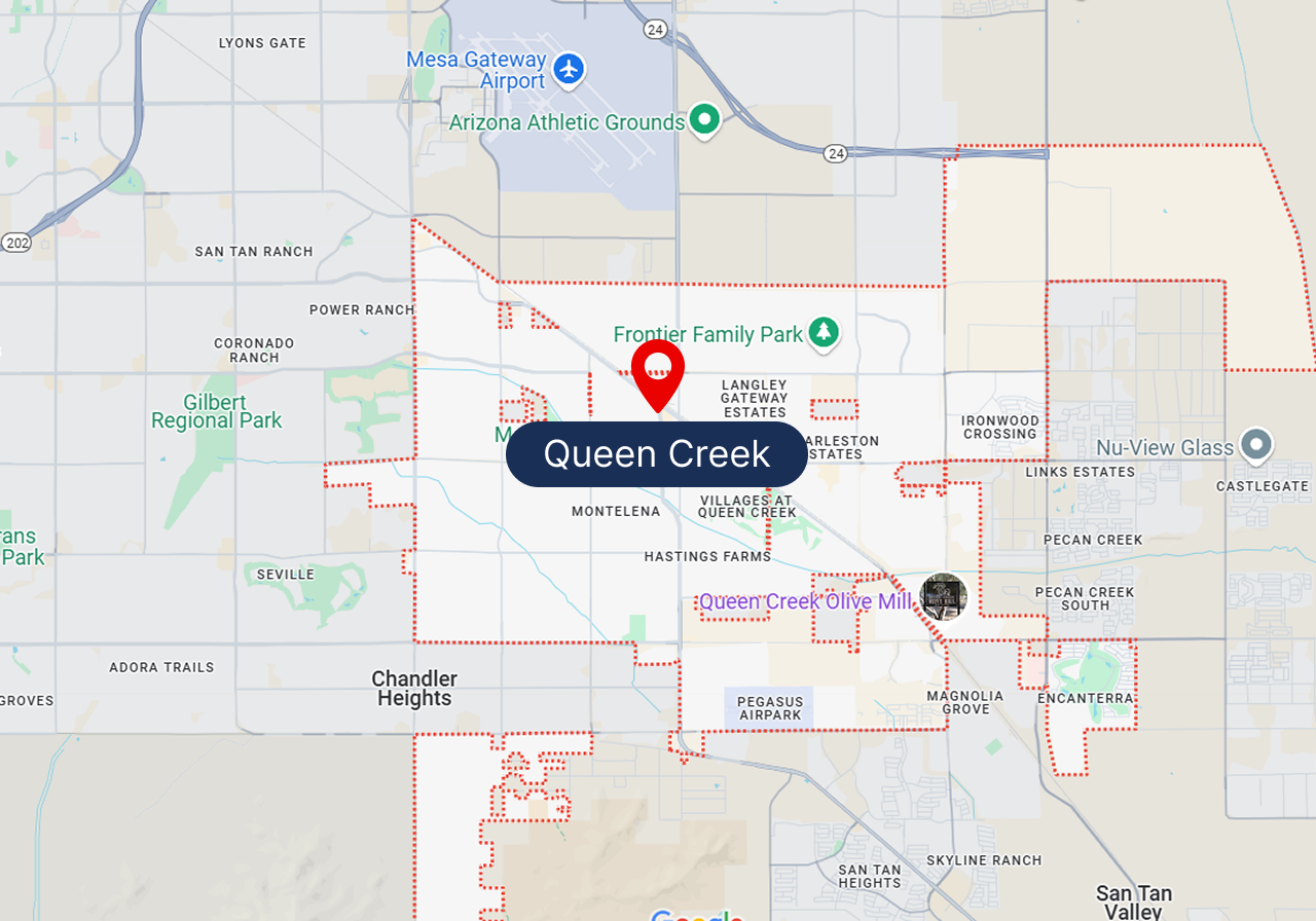 A map showing the location of queen creek
