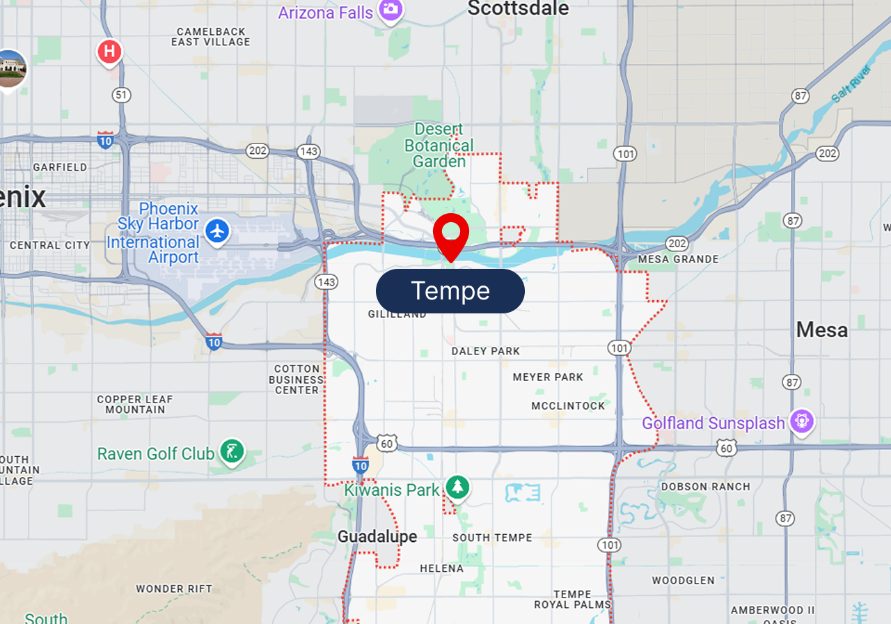 A map showing the location of tempe , arizona.
