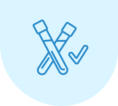 A blue icon of two test tubes with a check mark on a blue background.