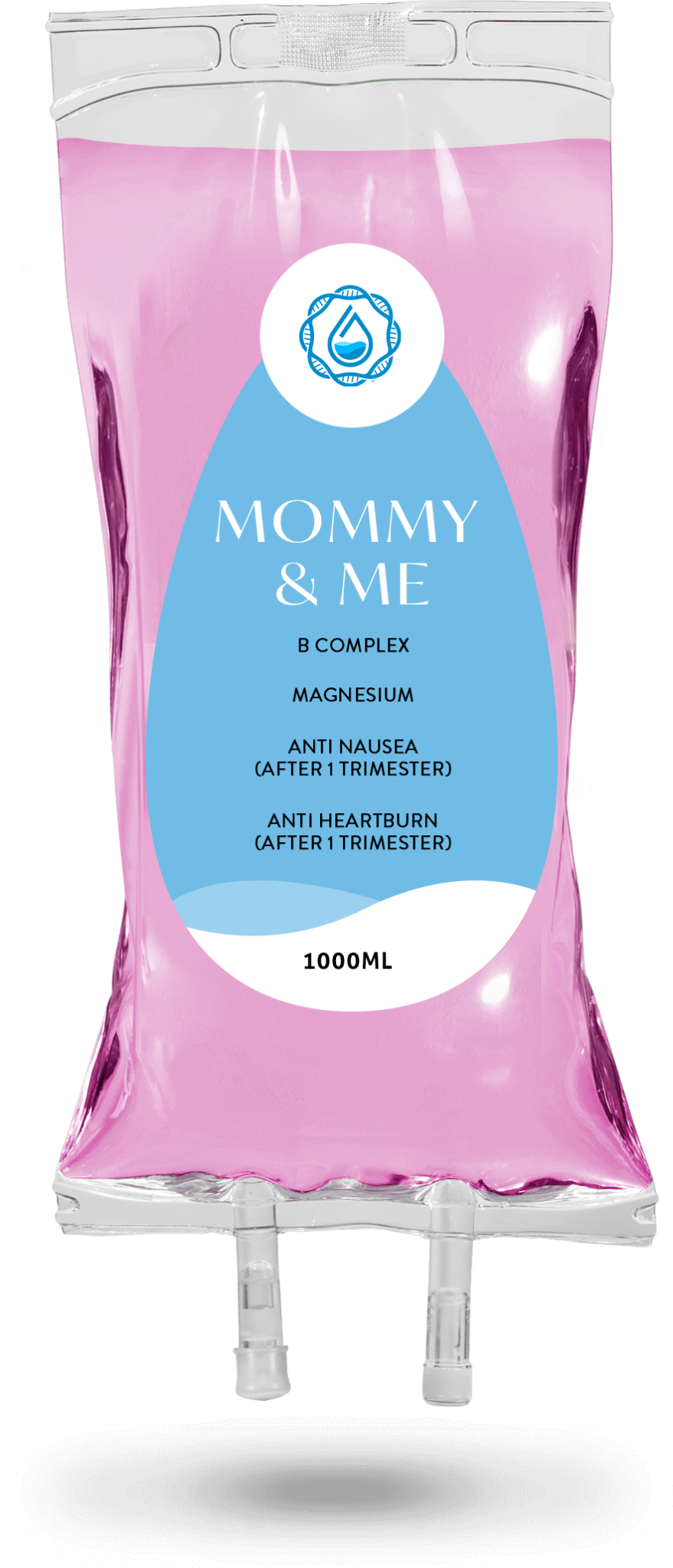 A pink bag with a blue label that says mommy and mil