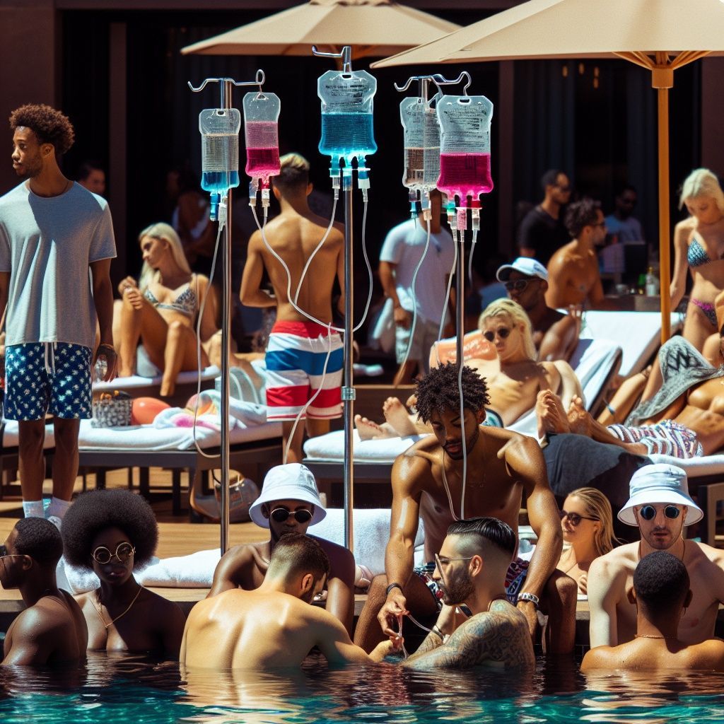 A group of people are gathered around a pool with iv bags attached to them