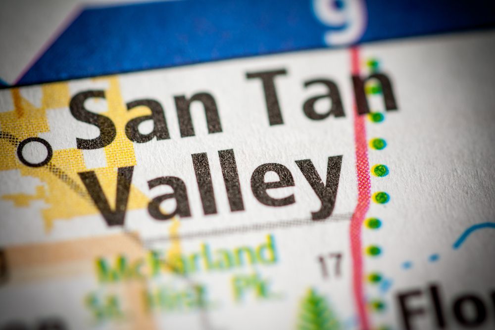 A close up of a map showing the location of san tan valley