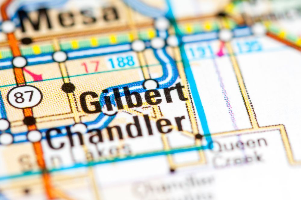 A close up of a map showing the location of gilbert chandler