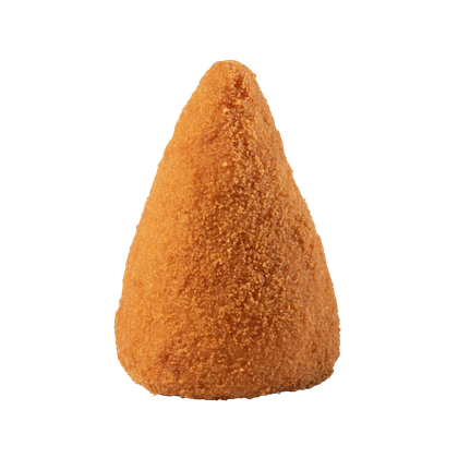 Cone-shaped, deep-fried food item with a golden-brown, breaded exterior.