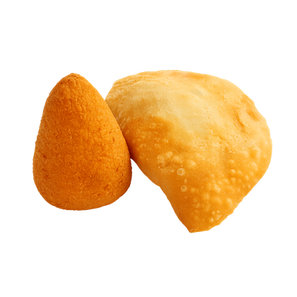 Two fried, golden-brown savory pastries: one cone-shaped and one half-moon shaped.