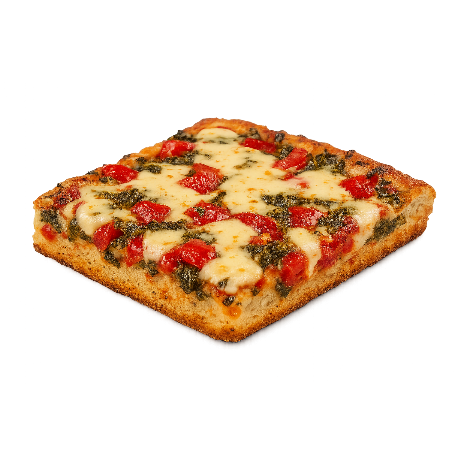 Trancio di pizza quadrato con pomodori, formaggio e pesto.
