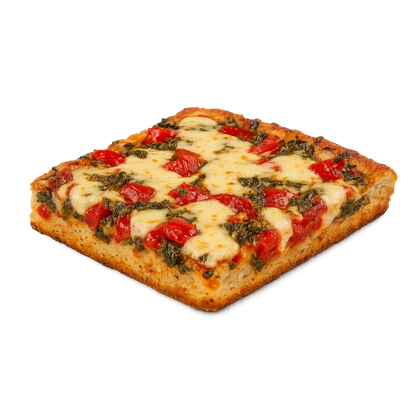 Square pizza slice with red tomatoes, green herbs, and melted cheese.