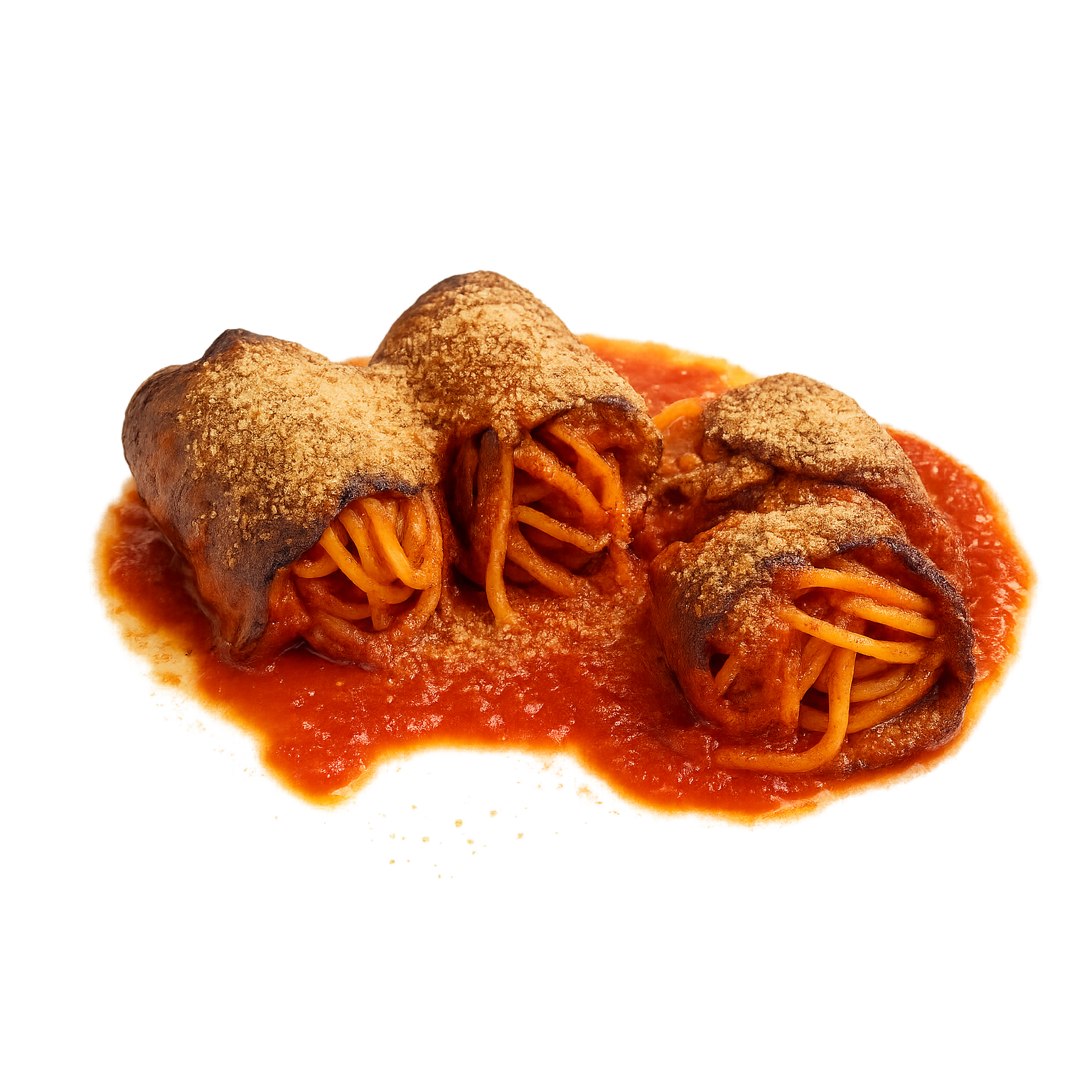Tre involtini di spaghetti al sugo di pomodoro, ricoperti di pangrattato.