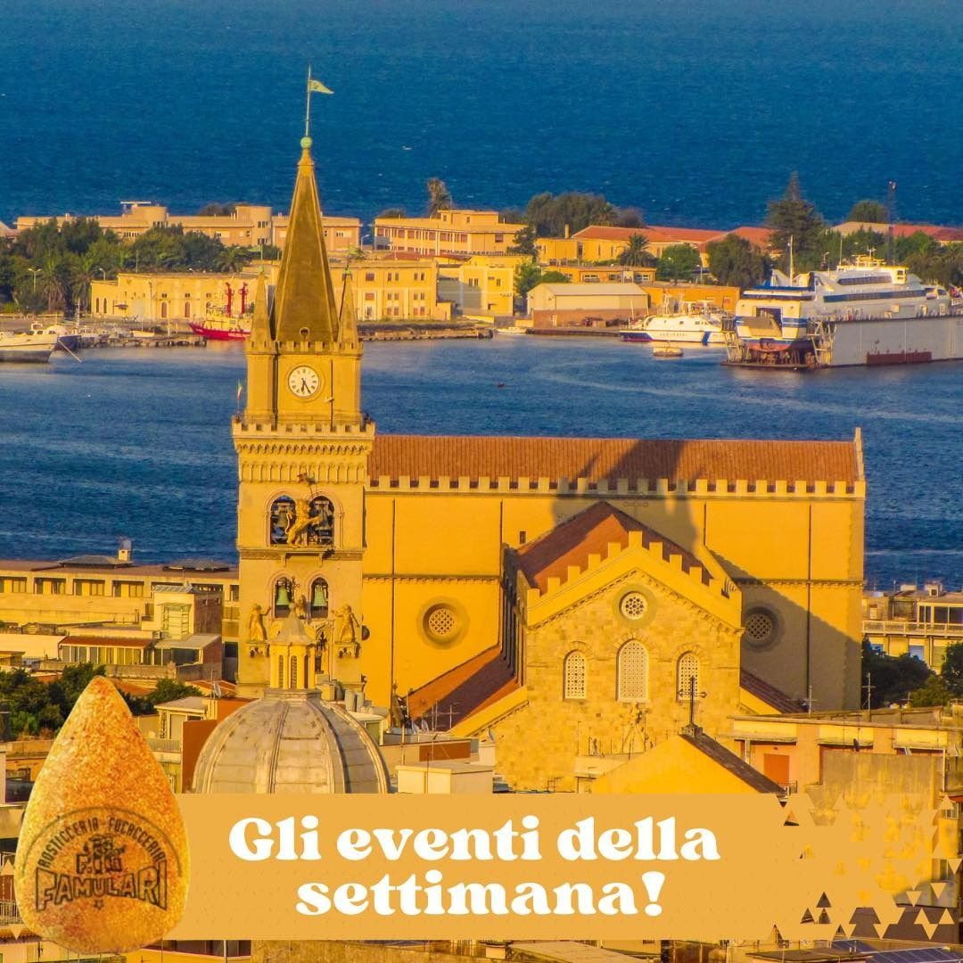 Church in coastal city with text