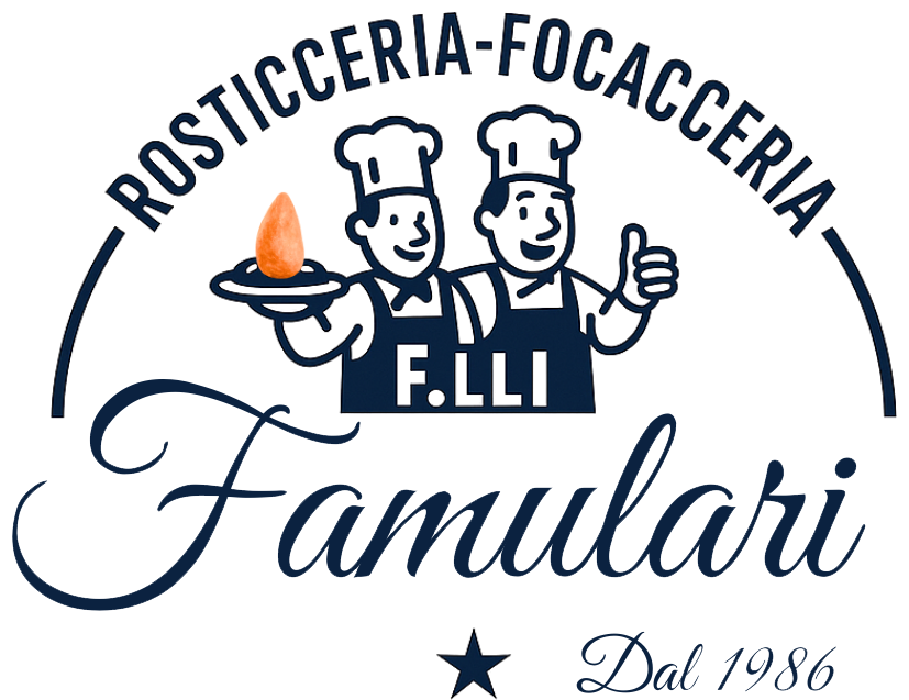 Logo per Rosticceria-Focacceria Famulari: due chef, testo, cibo arancione, blu e bianco.