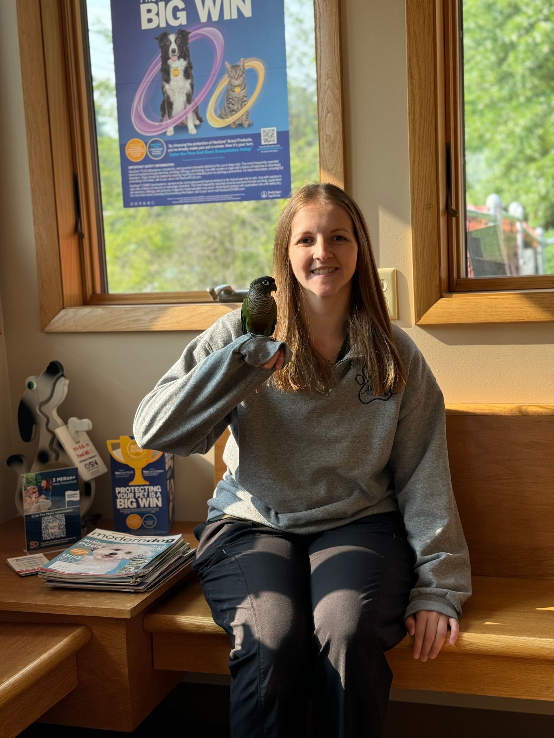 A woman is sitting on a bench holding a bird.