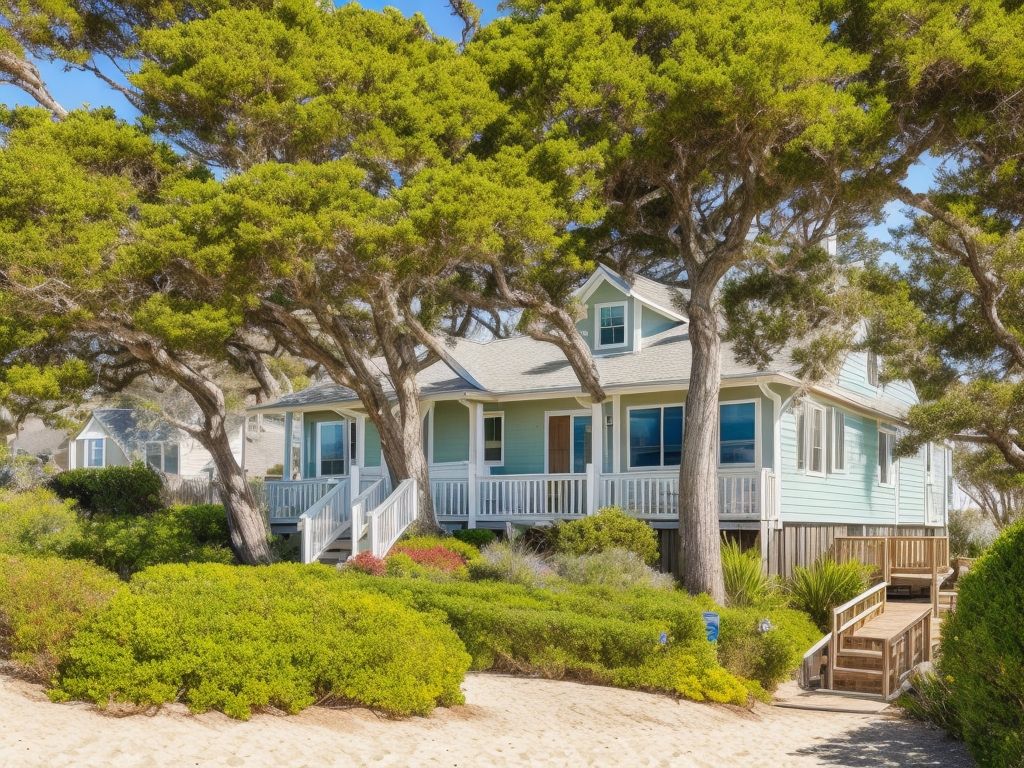A blue house with a white porch is surrounded by trees and bushes.