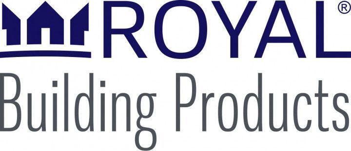 The logo for royal building products is blue and white.